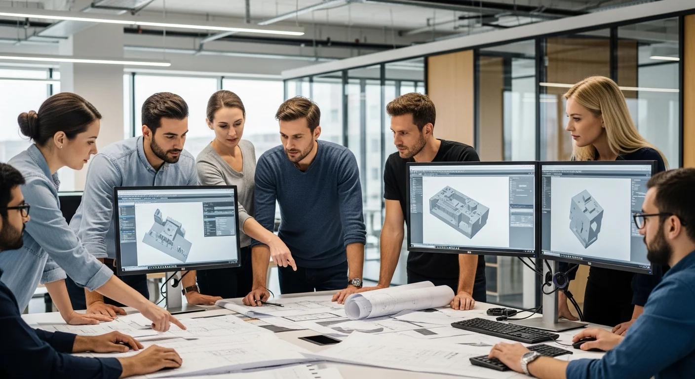 Engineers collaborating on technical designs