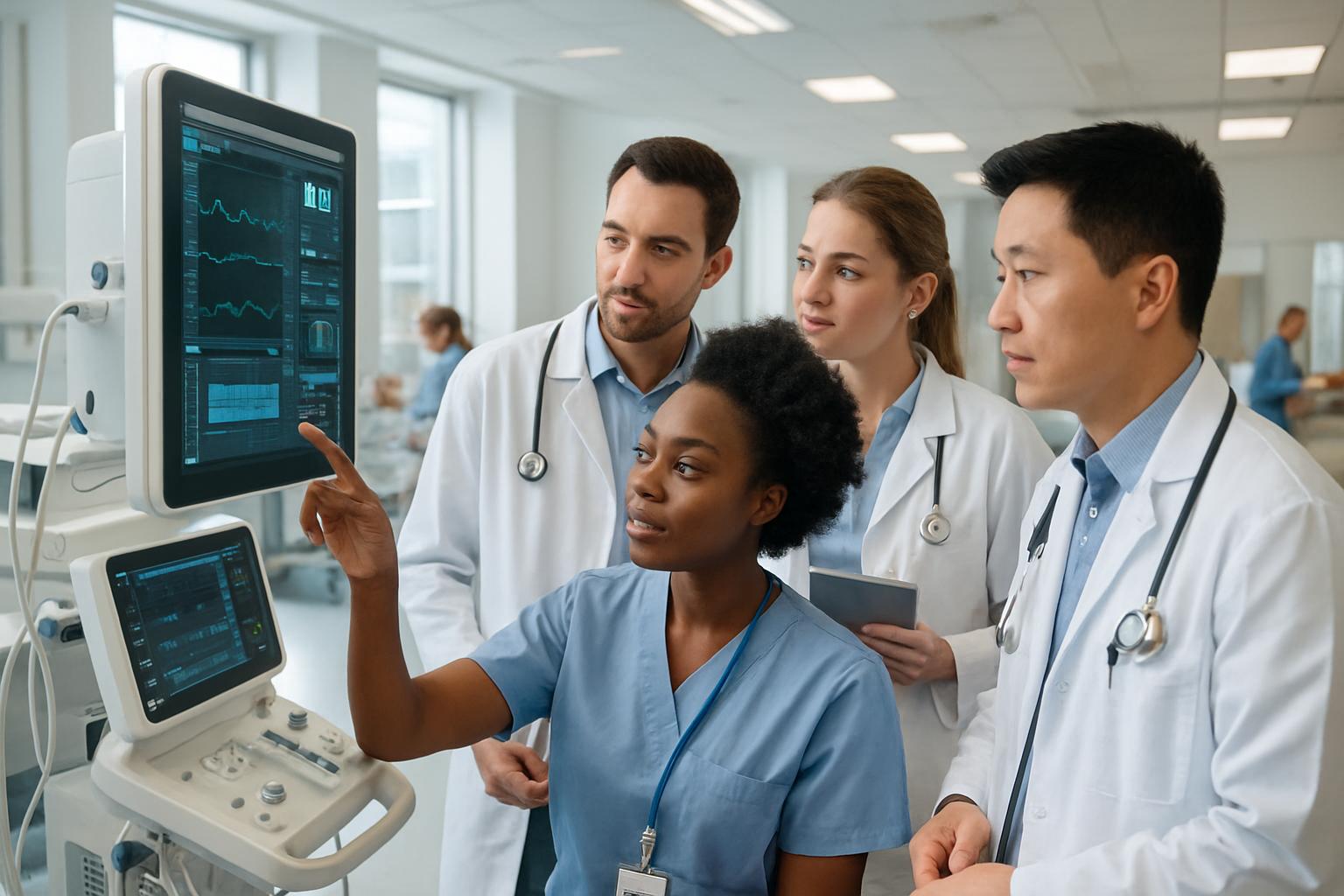 Healthcare professionals working with technology